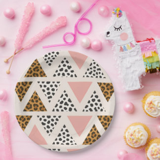 Plato De Papel Patrón de leopardo chic y triángulo rosa