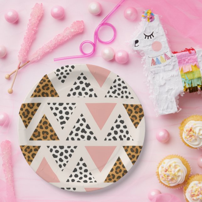 Plato De Papel Patrón de leopardo chic y triángulo rosa (Fiesta)