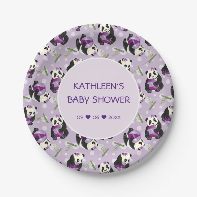 Plato De Papel Patrón de Lilac pálido de Panda Cute de Baby Showe (Anverso)