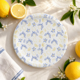 Plato De Papel Patrón de limón cítrico azul y amarillo