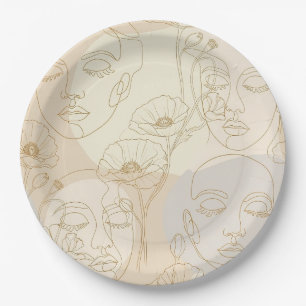 Plato De Papel Patrón de línea de cara floral vintage (1)