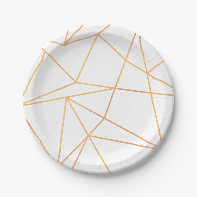Plato De Papel Patrón de línea geométrica dorada blanca (Anverso)