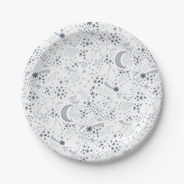 Plato De Papel Patrón De Luna Estelar Blanco Y Azul (Anverso)