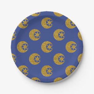 Plato De Papel Patrón de luna y estrellas con brillo dorado sobre