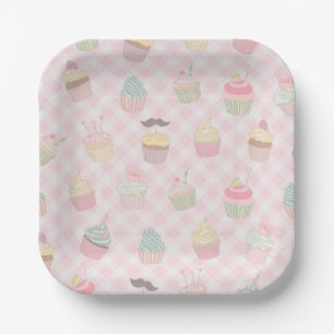 Plato De Papel Patrón de magdalenas de gingham rosa pastel