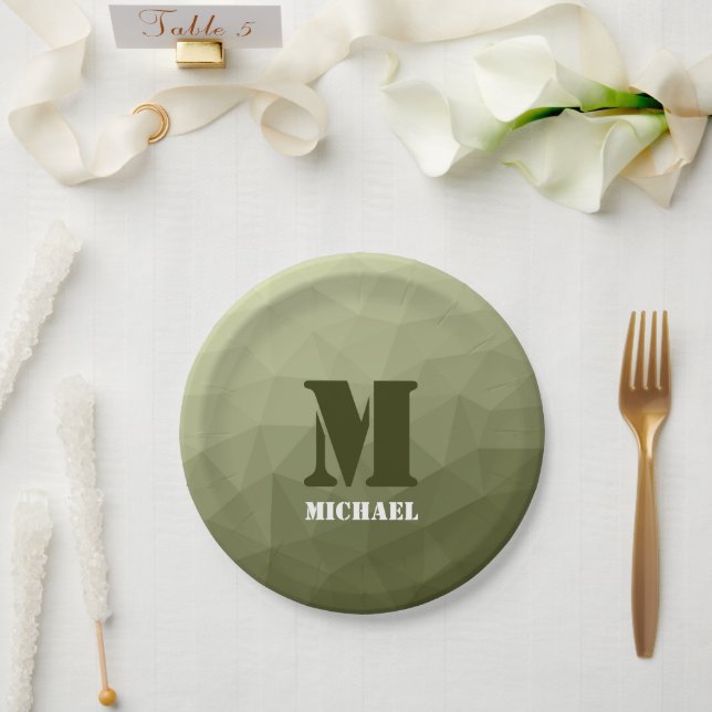Plato De Papel Patrón de malla geométrica verde claro del ejércit (Boda)