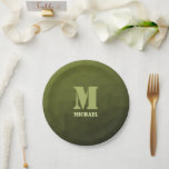 Plato De Papel Patrón de malla geométrica verde del ejército Mono<br><div class="desc">Monograma Personalice el regalo para él con su personalizado inicial y su nombre. Patrón de malla geométrica del gradiente de oliva verde del ejército. El gradiente verde del ejército de la malla geométrica triángulos sombríos. Hué verde de oliva oscura para el uniforme de soldado, camo. Mide paisajes militares naturales, resistencia,...</div>