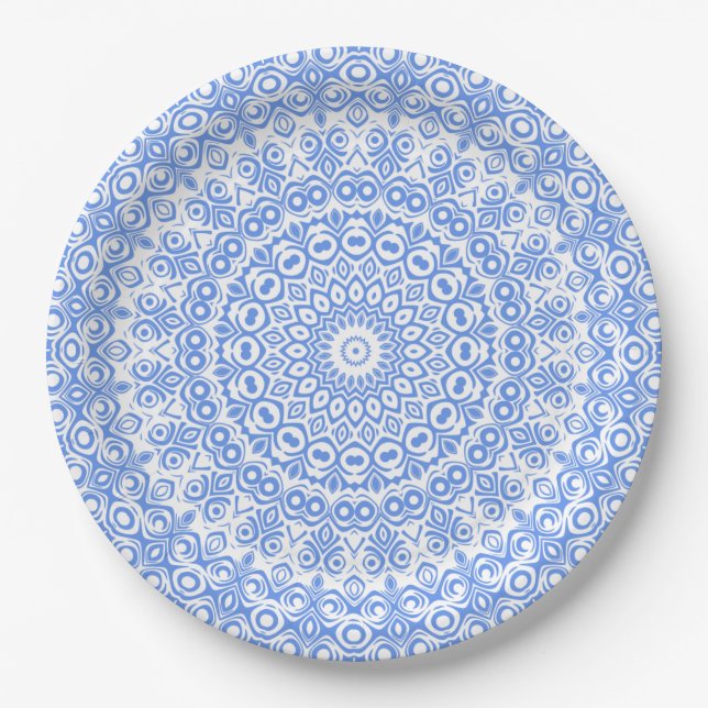 Plato De Papel Patrón de Mandala Azul Aciano (Anverso)