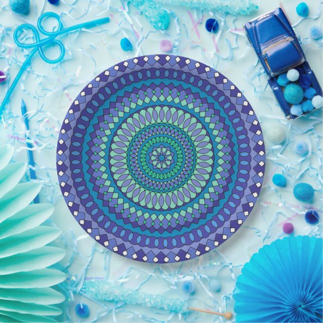 Plato De Papel Patrón de Mandala azul verde azulado y turquesa (Fiesta)