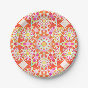 Plato De Papel Patrón de Mandala, coral rojo, rosa, oro