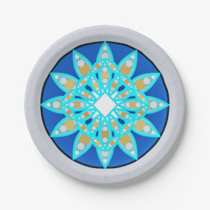 Plato De Papel Patrón de Mandala en cobalto, gris y turquesa