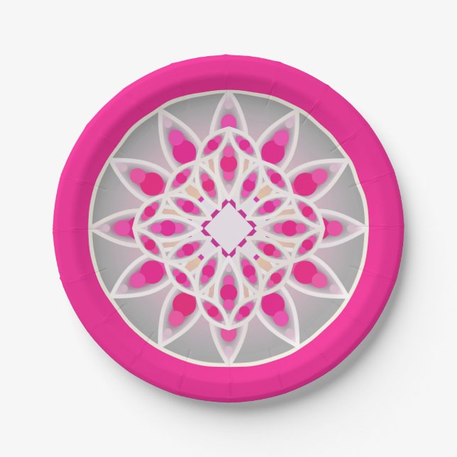 Plato De Papel Patrón de Mandala en fucsia rosa, blanco y gris (Anverso)