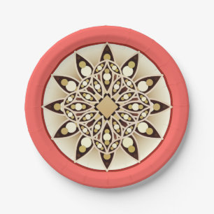 Plato De Papel Patrón de Mandala en rosa coral, chocolate y tosta