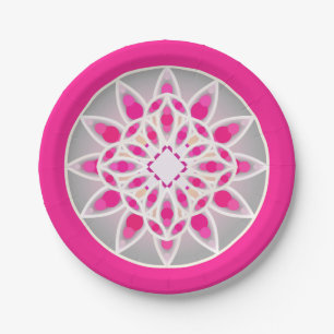 Plato De Papel Patrón de mandala en rosa fucsia, blanco y gris