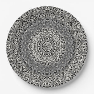 Plato De Papel Patrón de Mandala Geométrico Blanco y Negro