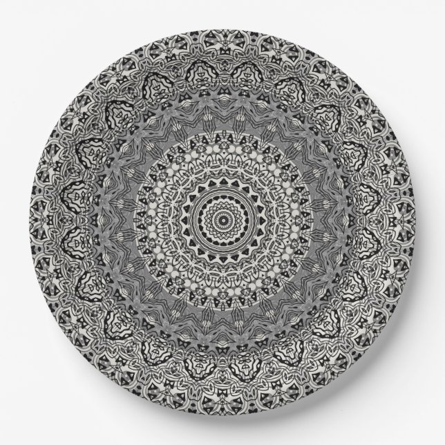 Plato De Papel Patrón de Mandala Geométrico Blanco y Negro (Anverso)