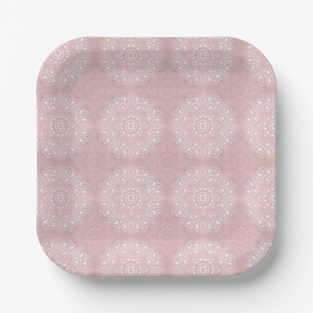 Plato De Papel Patrón de mandala indio espiritual rosa (Anverso)