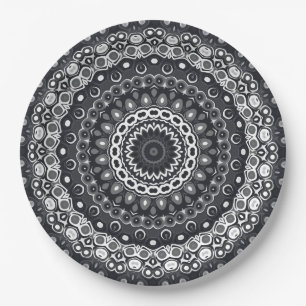 Plato De Papel Patrón de Mandala Monocromo Blanco y Negro