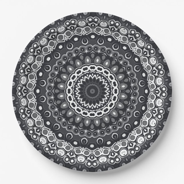 Plato De Papel Patrón de Mandala Monocromo Blanco y Negro (Anverso)