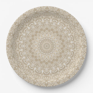 Plato De Papel Patrón de Mandala Ornamental Caqui y Blanco