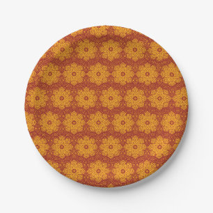 Plato De Papel Patrón de mandala rojo y amarillo real
