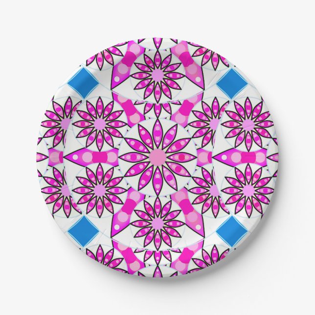 Plato De Papel Patrón de Mandala, rosa caliente, negro y blanco (Anverso)