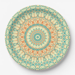 Plato De Papel Patrón de Mandala Teal y Naranja Tropical