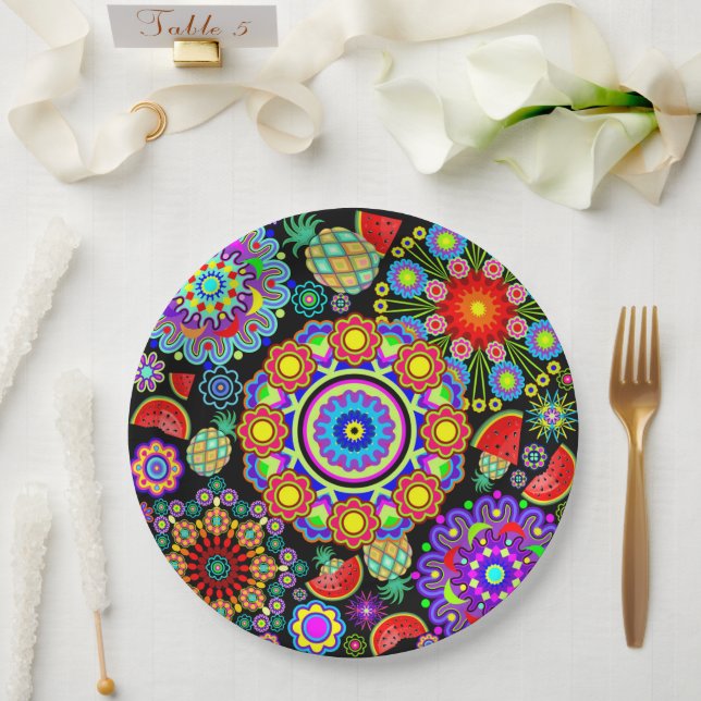 Plato De Papel Patrón de Mandalas y frutas exóticas (Boda)