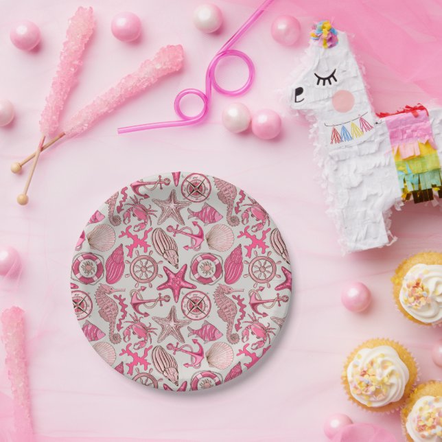 Plato De Papel Patrón de mar rosa (Fiesta)