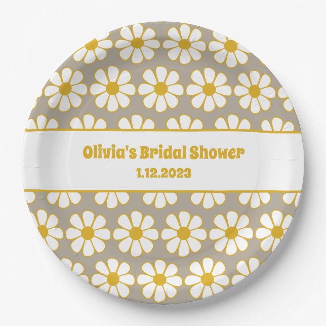 Plato De Papel Patrón de margarita floral suave mostaza gris blan (Anverso)