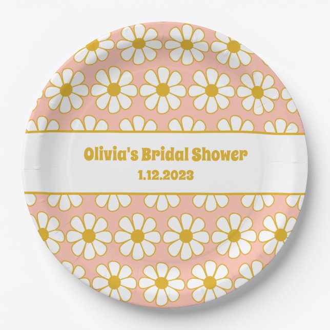 Plato De Papel Patrón de margarita floral suave mostaza rosa (Anverso)