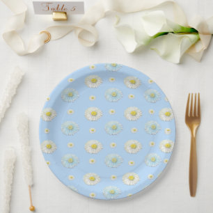 Plato De Papel Patrón de margarita sobre fondo azul claro