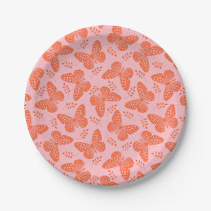 Plato De Papel Patrón de mariposa naranja sobre fondo rosa