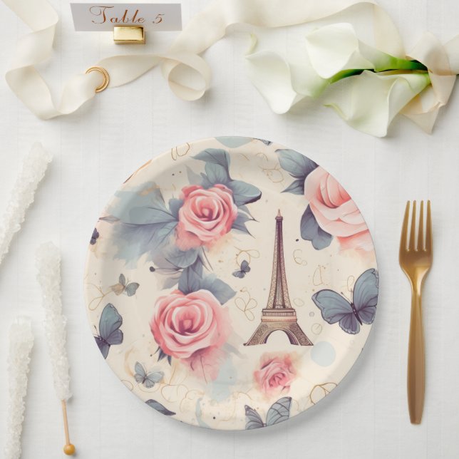 Plato De Papel Patrón de mariposa y Rosa de la Torre Eiffel (Boda)