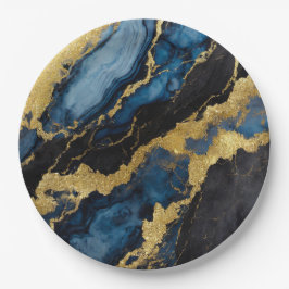 Plato De Papel Patrón de mármol azul con oro