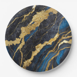 Plato De Papel Patrón de mármol azul con oro