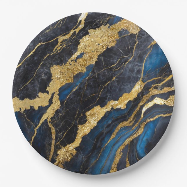 Plato De Papel Patrón de mármol azul con oro (Anverso)