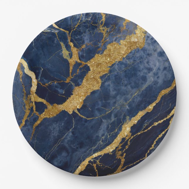 Plato De Papel Patrón de mármol azul con oro (Anverso)