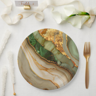 Plato De Papel Patrón de mármol verde y dorado