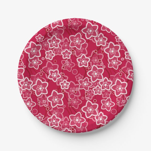 Plato De Papel patrón de moda rústico floral rojo retro (Anverso)