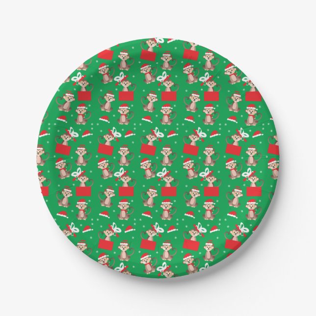 Plato De Papel Patrón de monos navideños Santa Hat (Anverso)