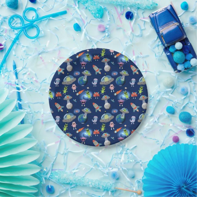 Plato De Papel Patrón de monstruos alienígenas modernos lindos pa (Fiesta)