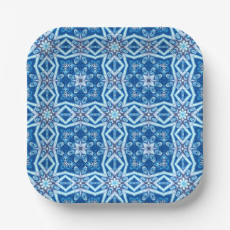 Plato De Papel Patrón de mosaico cuadrado floral de nieve azul
