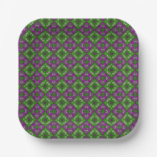 Plato De Papel Patrón de mosaico floral retro verde y púrpura