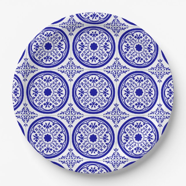 Plato De Papel Patrón de mosaico gótico azul blanco (Anverso)