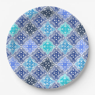 Plato De Papel Patrón de mosaico marroquí pintado de azul