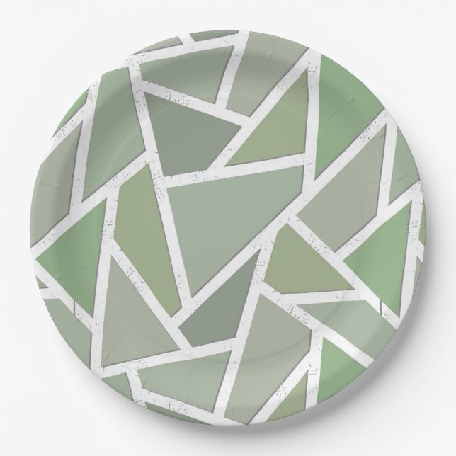 Plato De Papel Patrón de mosaico verde oliva (Anverso)