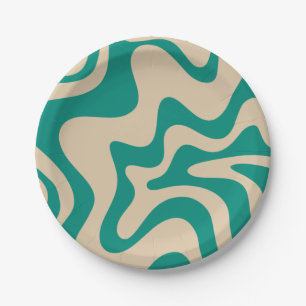 Plato De Papel Patrón de muelles líquidos retro en Verde azulad