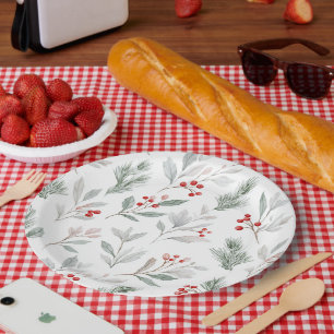 Plato De Papel Patrón de muérdago y bayas de acebo