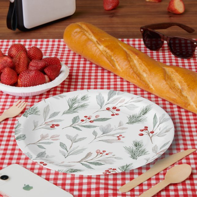 Plato De Papel Patrón de muérdago y bayas de acebo (Picnic)